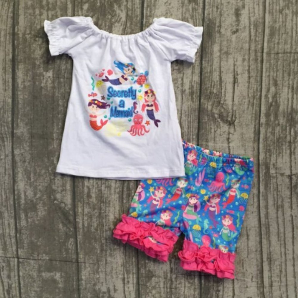 Boutique Mermaid Girls Ruffle Shorts Outfit Set